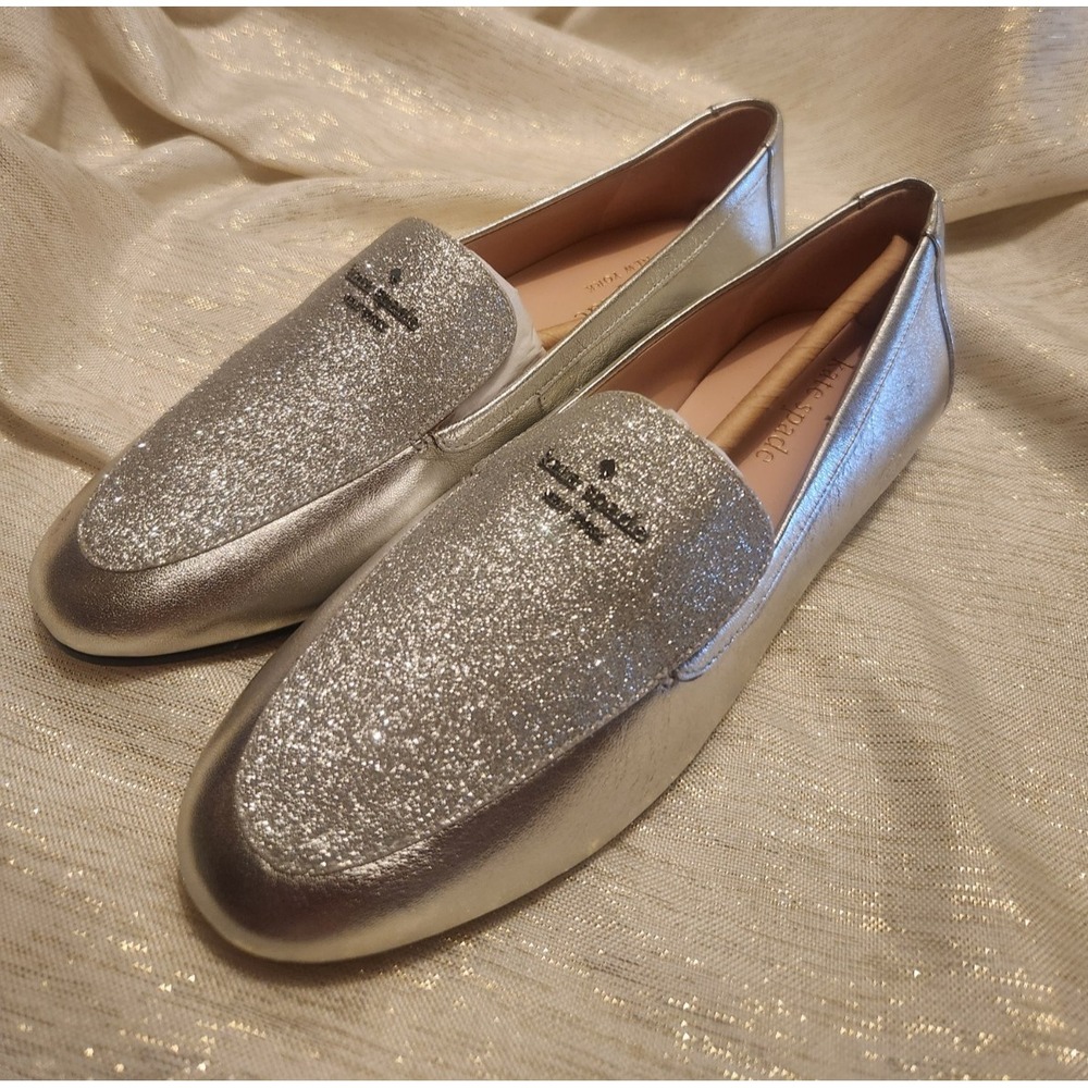 Kate Spade Silver Glitter Metallic Mixed City Nights Loafers Shoes Size 6.5 NEW
